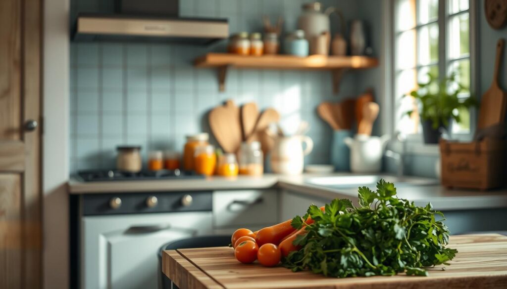 Cozy kitchen interior with wooden textures and light blue accents. On the countertop, an assortment of seasonal produce, jars, and cooking utensils. In the foreground, a cutting board with fresh vegetables and herbs, hinting at the preparation of a wholesome, seasonal meal. Soft, natural lighting filters through the windows, creating a warm, inviting atmosphere. The scene conveys the benefits of planned, seasonal meal preparation - nourishing, cost-effective, and sustainable.