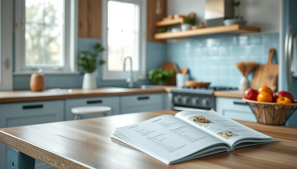 Cozy kitchen interior with wooden textures, light blue accents, and a clean, minimalist aesthetic. A serene, well-organized meal planning guide sits on the counter, featuring neatly arranged fresh ingredients, portion-controlled meal components, and clear visuals to inspire healthy eating. The guide exudes a sense of calm and control, perfectly complementing the tranquil atmosphere of the space. Soft, natural lighting illuminates the scene, creating a welcoming and inspiring ambiance for meal planning and preparation.