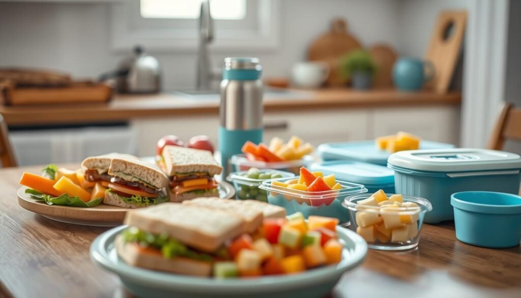 Cozy kitchen scene with a variety of family-friendly lunch items arranged neatly on a wooden table. In the foreground, a platter showcases a variety of colorful and healthy sandwiches, fresh fruit, and bite-sized veggie snacks. The middle ground features a thermos and reusable lunch containers, hinting at practical storage solutions. Soft natural lighting filters through the windows, creating a warm, inviting atmosphere. Subtle blue accents complement the natural wood tones, contributing to the calm, minimalist aesthetic. The image captures a variety of appealing, kid-friendly lunch ideas that would also satisfy adult tastes.