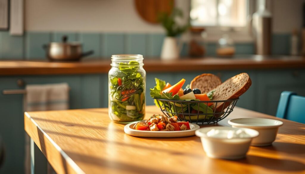 Cozy kitchen scene with a wooden table and light blue accents. On the table, a simple but delicious-looking budget-friendly lunch spread: a glass mason jar filled with a fresh salad, a small bowl of roasted vegetables, a slice of whole-grain bread, and a small container of yogurt. Warm, natural lighting illuminates the scene, creating a inviting, relaxed atmosphere.