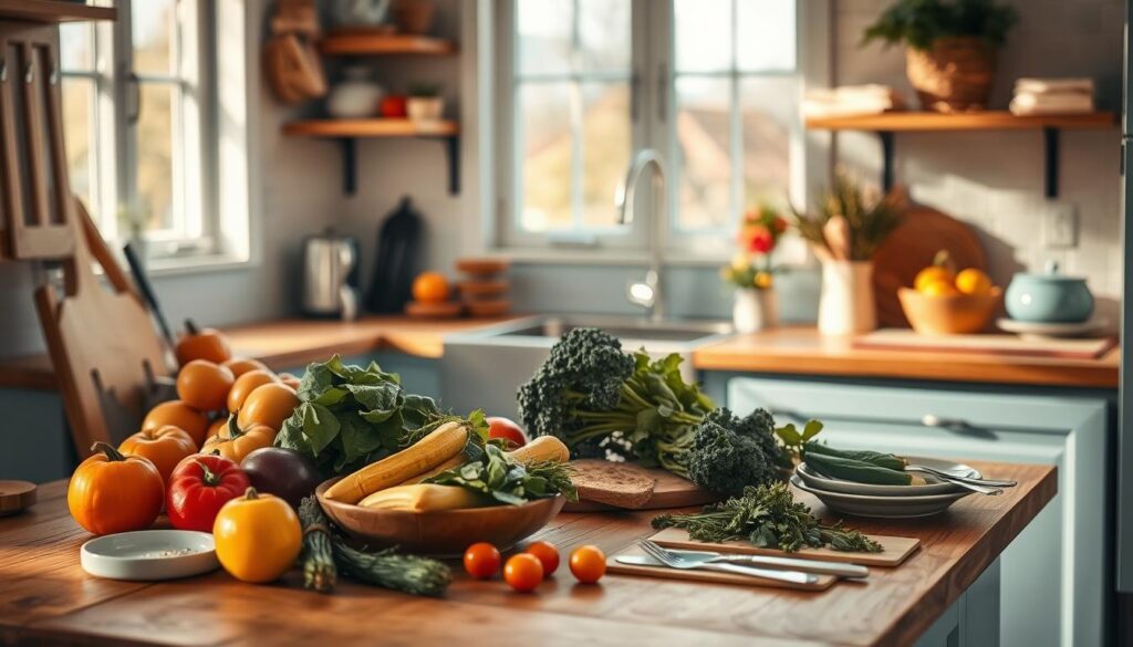 Cozy kitchen scene with fresh seasonal ingredients for quick and easy dinner recipes. Wooden countertops, light blue accents, and natural light flooding the space. Vibrant produce, a few cooking utensils, and simple place settings arranged artfully. Warm, inviting atmosphere with a sense of seasonal ease and comfort. Crisp, high-resolution image captured with a wide-angle lens to showcase the full scene.