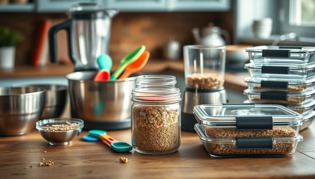 Cozy kitchen setting with wooden textures and light blue accents. On a wooden table, an assortment of meal prep essentials neatly arranged: stainless steel mixing bowls, a high-powered blender, a set of multicolored silicone spatulas, a glass jar filled with dry grains, and a stack of glass meal prep containers. Soft, natural lighting illuminates the scene, creating a relaxed and inviting atmosphere. The composition is balanced and organized, emphasizing the benefits, tools, and ingredients needed for a successful freezer breakfast sandwich routine.