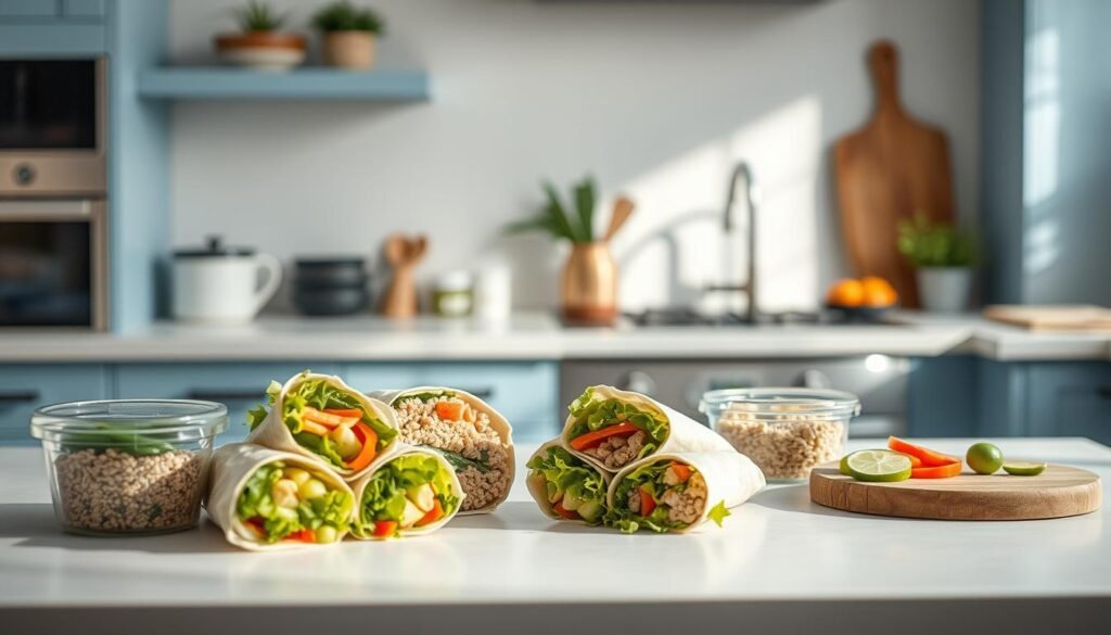 Cozy kitchen with light blue accents and warm wood tones. On a clean countertop, an assortment of healthy, high-protein lunch prep solutions - vegetable-filled whole grain wraps, containers with grains and fresh ingredients, a small cutting board with sliced veggies. Soft, natural lighting illuminates the scene, creating a calm, inviting atmosphere. The arrangement suggests simple, nutritious meal prep that can be easily customized and assembled. No hands or people visible, the focus is on the prepared foods.
