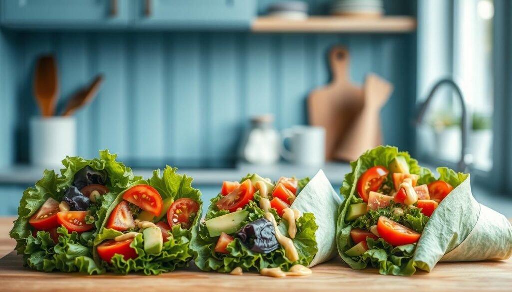 Cozy kitchen with light blue accents, wooden textures, and a neatly arranged display of fresh, vibrant vegetable wraps. The wraps are presented in a visually appealing manner, showcasing the diverse ingredients within: crisp lettuce, juicy tomatoes, creamy avocado, and a drizzle of tangy dressing. The lighting is soft and natural, highlighting the delicate textures and colors of the healthy lunch options. The scene evokes a sense of simplicity, health, and refined culinary sensibilities.