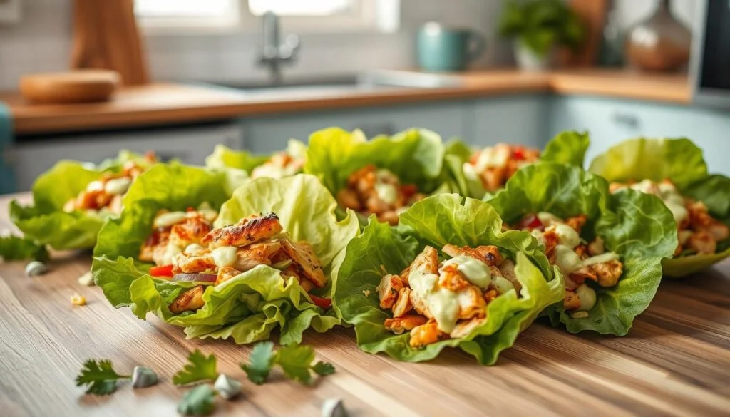Cozy kitchen with minimal light blue accents and wooden textures. On a natural wood table, a collection of freshly prepared lettuce wraps with crisp vegetables, grilled chicken, and a creamy avocado-lime dressing. The wraps are arranged artfully, with a few scattered ingredients hinting at the vibrant flavors within. Soft, natural lighting casts a warm glow, capturing the simplicity and healthfulness of this ideal office meal prep dish.