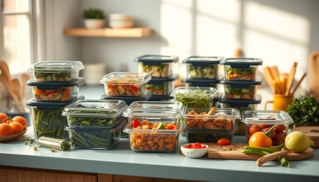 Cozy kitchen with minimalist design and wooden textures. On a light blue countertop, an array of meal prep containers, each filled with a different component of a balanced weekly menu. Fresh produce, spices, and cooking utensils surround the containers, suggesting a scene of organized meal planning. Soft natural lighting illuminates the scene, creating a calming and efficient atmosphere for the weekly batch cooking process.