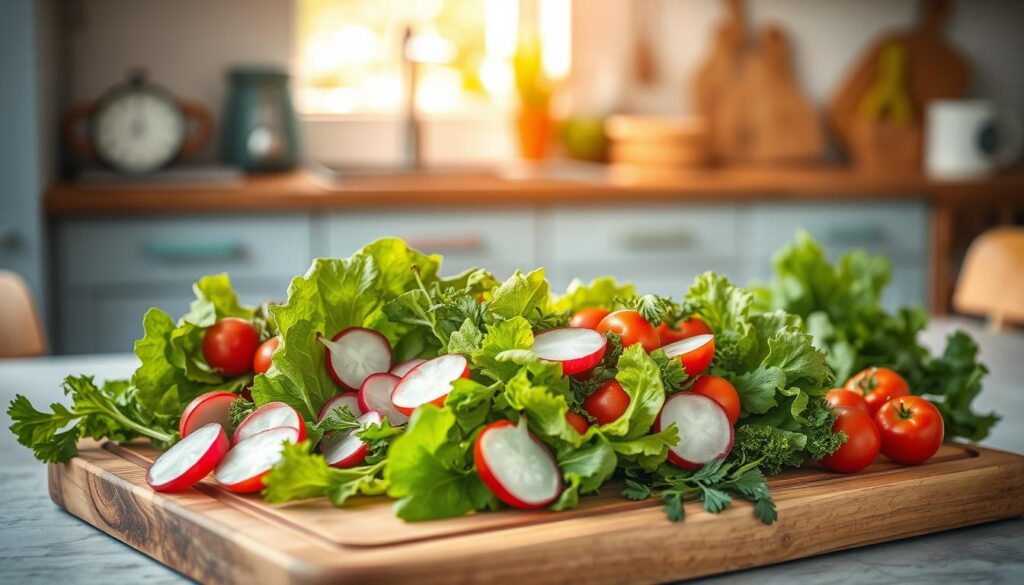 Cozy kitchen with natural wood tones, light blue accents, and a minimalist aesthetic. On a wooden cutting board, an assortment of fresh green lettuce leaves, crisp radishes, juicy cherry tomatoes, and vibrant herbs await transformation into delightful wraps. Soft, indirect lighting casts a warm glow, highlighting the textures and colors of the ingredients. The scene exudes a sense of calm creativity, inviting the viewer to be inspired and experiment with wholesome, low-carb lunch ideas.