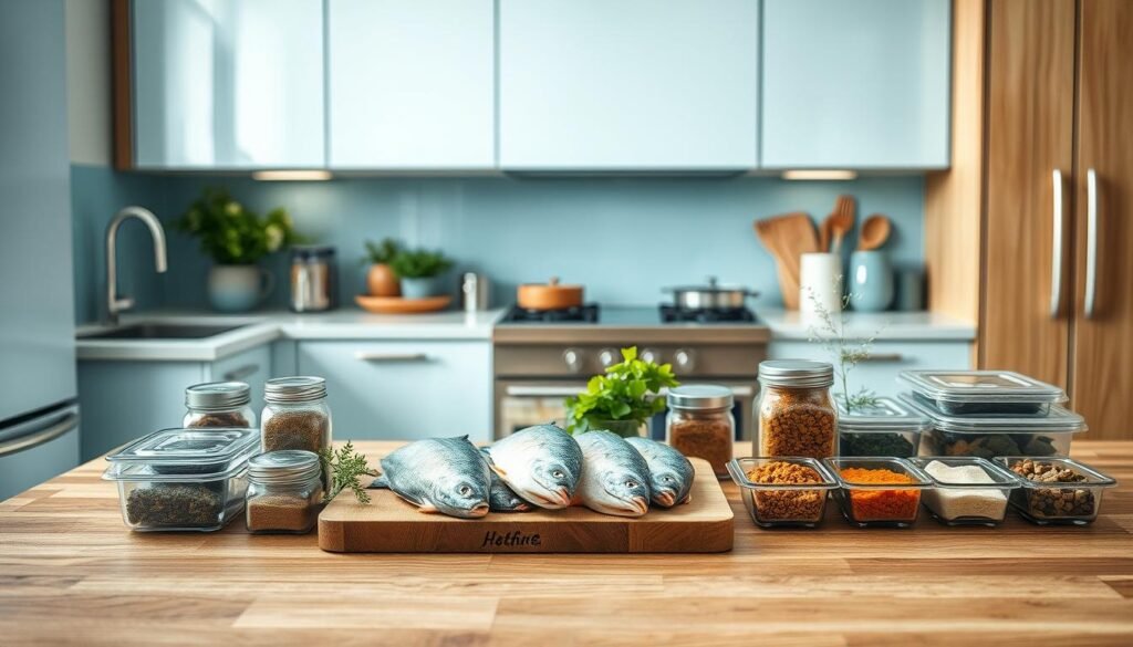 Cozy kitchen with soothing light blue accents and a sleek, minimalist design. Wooden textures create a warm, natural ambiance. On the counter, an assortment of fresh fish, various seasonings, and meal prep containers, all neatly arranged. The scene exudes a sense of organization and intentionality, inviting the viewer to explore how to customize their own fish meal prep. Soft, diffused lighting illuminates the space, highlighting the textures and colors. The overall atmosphere is one of efficiency, simplicity, and culinary inspiration.
