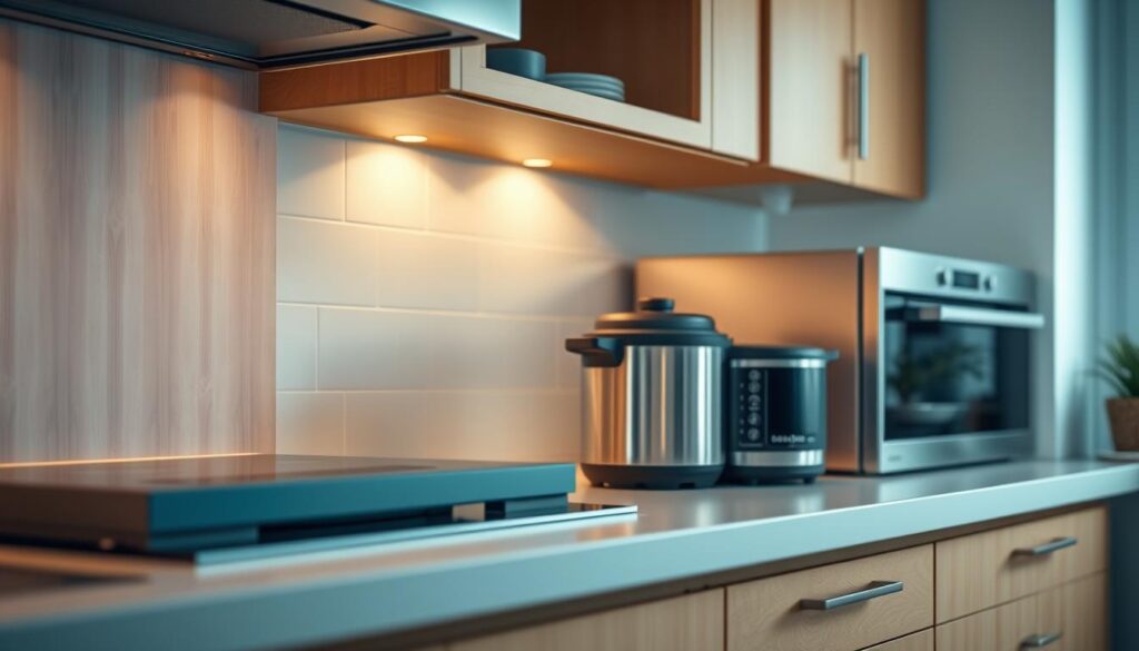 Cozy kitchen with warm wooden cabinets and light blue accents. On the countertop, a carefully curated selection of energy-efficient cooking tools: a sleek induction cooktop, a high-efficiency pressure cooker, and a modern convection oven. Soft, diffused lighting illuminates the scene, highlighting the matte metal finishes and clean lines of the appliances. In the background, a row of energy-saving LED lights casts a gentle glow, creating a serene, minimalist atmosphere. The overall impression is one of functionality, sustainability, and culinary expertise.