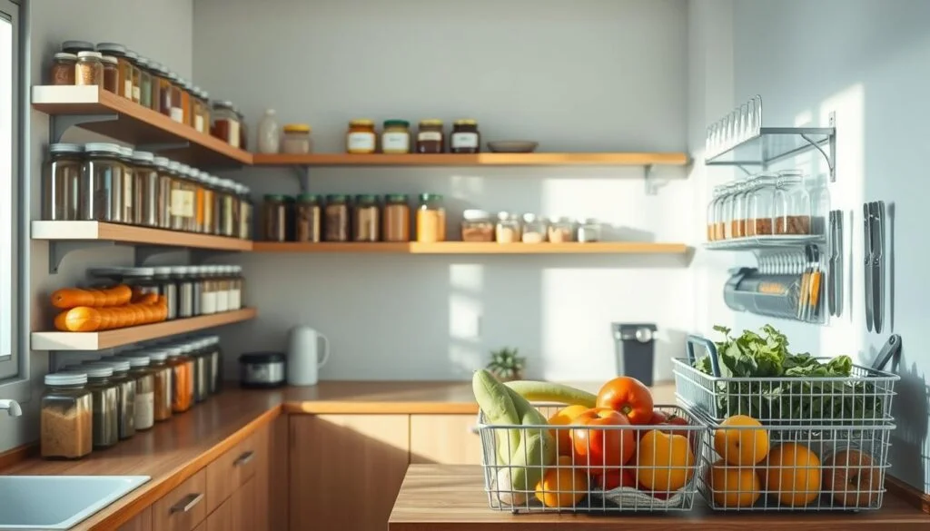 Cozy kitchen with warm wooden surfaces and light blue accents. Orderly rows of glass jars, labeled with ingredients, line the shelves. Fresh produce, neatly arranged, sits in wire baskets on the counter. Minimalist design accentuates the clean, functional space. Soft, diffused lighting casts a gentle glow, highlighting the organized chaos of a well-stocked pantry. Thoughtful storage solutions, from tiered spice racks to magnetic knife strips, create an efficient, streamlined grocery shopping experience.