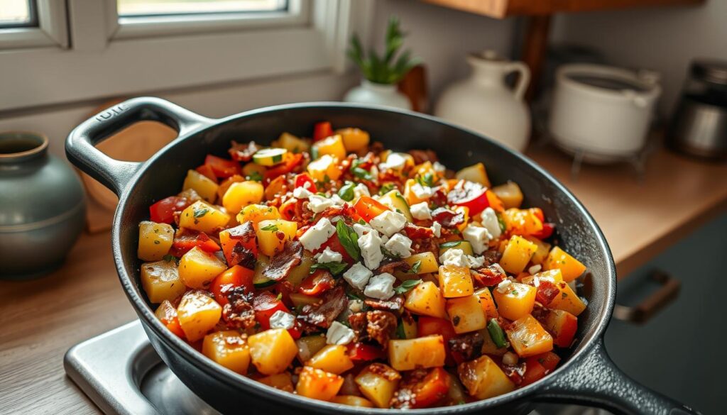 Cozy kitchen with warm wooden textures and light blue accents. A large cast iron skillet on the countertop, brimming with a hearty breakfast hash. Vibrant vegetables - diced potatoes, bell peppers, onions, and zucchini - sizzling under natural light. Garnished with fresh herbs, crumbled feta, and crispy bacon bits. The perfect balance of savory, sweet, and earthy flavors for a satisfying low-sugar breakfast. Protein options such as ground turkey or tofu invite further customization. An inviting scene that captures the essence of "Flavor Variations and Protein Options" for a healthy breakfast hash.