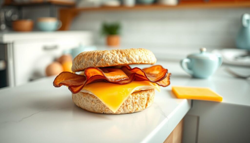 Cozy kitchen with wood textures and light blue accents. On a clean white counter, the components of a freezer-friendly breakfast sandwich are neatly arranged - a toasted English muffin, a perfectly cooked egg disc, crispy bacon slices, and a slice of melty cheddar cheese. The lighting is soft and diffused, emphasizing the appetizing colors and textures. The overall scene conveys a sense of simplicity, practicality, and healthy living, perfectly suited for an article on calorie-controlled freezer breakfast sandwiches.