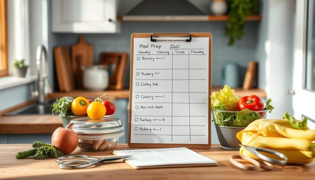 Cozy kitchen with wooden countertops and light blue accents. A weekly meal prep schedule is neatly organized on a clipboard, with handwritten notes and checkboxes. Fresh produce, meal containers, and a pair of kitchen shears are artfully arranged in the foreground. The scene is bathed in soft, natural lighting, creating a calming and inspiring atmosphere for planning a successful meal prep routine.