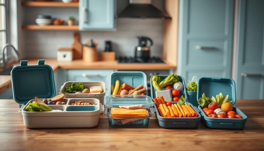 Cozy kitchen with wooden countertops and light blue accents. On the countertop, an assortment of creative, visually appealing lunch boxes made from sustainable materials like bamboo, silicone, and stainless steel. The lunch boxes feature various compartments, shapes, and designs, showcasing innovative ways to pack a nutritious, versatile midday meal. Vibrant, fresh ingredients like fruits, vegetables, and proteins are neatly arranged inside the containers, inviting the viewer to explore new lunchtime possibilities. The scene is bathed in soft, natural lighting, capturing the warmth and simplicity of a mindful, homemade approach to packed lunches.