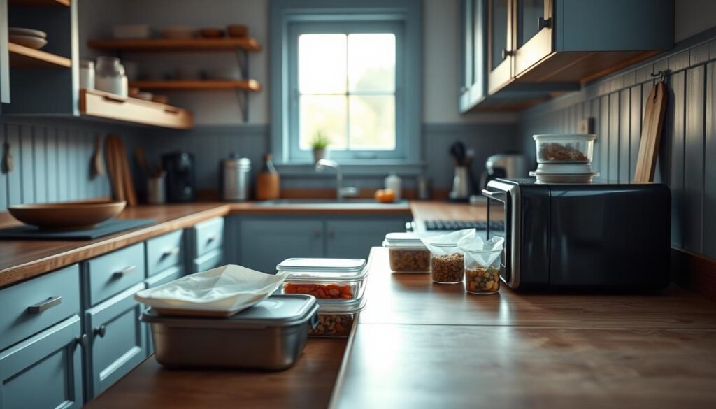 Cozy kitchen with wooden countertops, drawers, and shelves. Light blue accents on the walls and cabinets. On the counter, various food storage containers, including glass jars and reusable silicone bags. A small steamer or microwave oven sits nearby, ready to reheat leftovers. The scene is bathed in soft, natural lighting filtering through a window, creating a warm, inviting atmosphere. No hands visible, emphasizing the independent nature of meal storage and reheating.