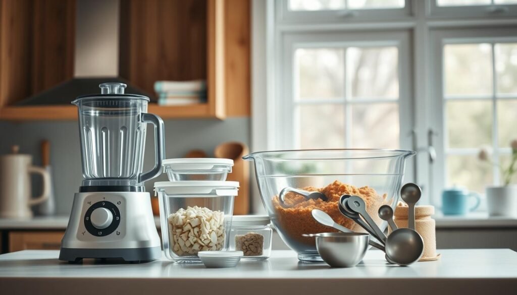 Cozy kitchen with wooden textures and light blue accents, showcasing essential batch cooking items neatly arranged on a clean countertop. A high-quality blender, sturdy glass storage containers, a large mixing bowl, and a set of stainless steel measuring cups and spoons create a visually appealing and functional arrangement. Soft, natural lighting from a large window illuminates the scene, highlighting the textures and colors. The overall atmosphere is one of organization, efficiency, and the joy of meal preparation.