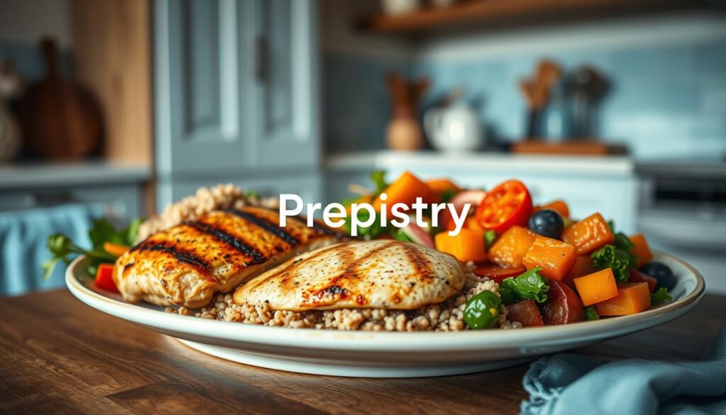 Cozy kitchen with wooden textures and light blue accents. A balanced display of grilled chicken, roasted vegetables, and a quinoa salad. The Prepistry brand logo subtly appears on an elegant ceramic plate. Soft, natural lighting illuminates the scene, creating a warm and inviting atmosphere. The composition showcases the thoughtful integration of proteins and vibrant produce, inspiring healthy and delicious meal prep.