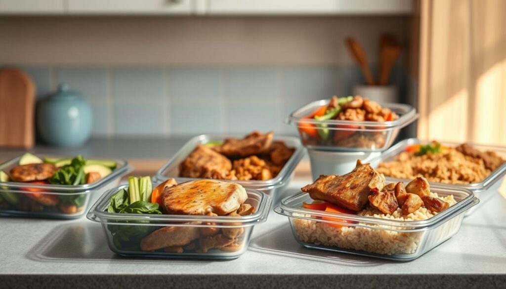 Cozy kitchen with wooden textures and light blue accents. A selection of pork meal prep containers on a gray counter, featuring a variety of pork dishes - from grilled pork chops to pulled pork - accompanied by fresh vegetables, whole grains, and vibrant sauces. Soft, directional lighting from the side casts gentle shadows, highlighting the textures and colors of the delectable pork meals. The composition is clean and minimal, allowing the hearty, versatile pork dishes to take center stage. A sense of nourishment and effortless weeknight meal preparation permeates the scene.