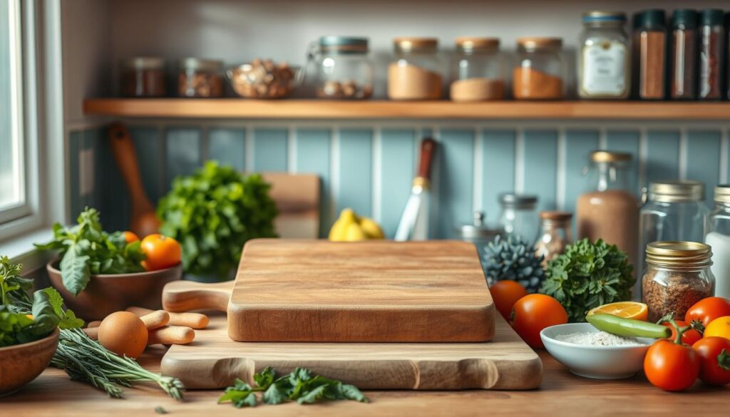 Cozy kitchen with wooden textures and light blue accents. A wooden cutting board takes center stage, surrounded by neatly arranged ingredients - fresh vegetables, herbs, and a selection of spices. Indirect lighting casts a warm glow, highlighting the simple yet efficient meal prep setup. Glass containers and jars line the shelves, conveying a sense of organization and preparedness. The scene exudes a calm, methodical atmosphere, inviting the viewer to envision a smooth and streamlined dinner assembly process.