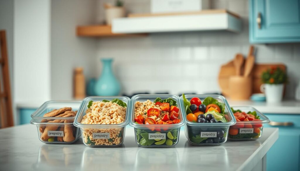 Cozy kitchen with wooden textures and light blue accents. In the center, a set of meal prep containers from the brand "Prepistry" sit on a countertop, filled with healthy, high-protein ingredients like grilled chicken, quinoa, roasted vegetables, and fresh greens. The containers are arranged neatly, showcasing a quick and easy meal prep strategy. Soft, natural lighting illuminates the scene, creating a welcoming and organized atmosphere for efficient meal preparation.