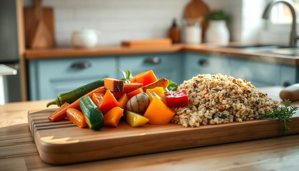 Cozy kitchen with wooden textures and light blue accents. In the foreground, a large wooden cutting board displays an artfully arranged meal prep: roasted vegetables like carrots, zucchini, and bell peppers, alongside steaming quinoa and wild rice. Soft natural lighting illuminates the scene, casting gentle shadows and highlighting the vibrant colors of the fresh produce. The minimal, uncluttered background allows the healthy, wholesome meal to take center stage, conveying a sense of simplicity and wellness.