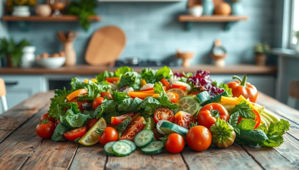 Cozy kitchen with wooden textures and light blue accents. On a rustic wooden table, an assortment of fresh, vibrant salad ingredients arranged in a visually stunning display. Crisp greens, juicy tomatoes, crunchy cucumbers, colorful bell peppers, and a variety of other seasonal produce. The lighting is soft and natural, creating a warm, inviting atmosphere. The salad components are carefully placed to showcase their individual textures and colors, forming a captivating composition that beckons the viewer to explore the creative, nutritious possibilities of a cold, portion-controlled lunch.