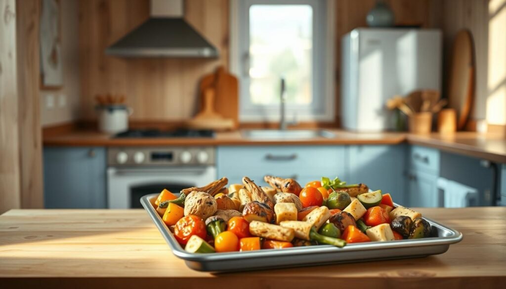 Cozy, minimal kitchen interior with wooden textures and light blue accents. A large stainless steel sheet pan sits on a wooden counter, filled with a variety of roasted vegetables and protein. The arrangement is thoughtful and visually appealing, showcasing the efficient batch cooking technique. Soft, natural lighting filters in through a window, casting a warm glow on the scene. The overall atmosphere is one of simplicity, organization, and time-saving meal preparation.