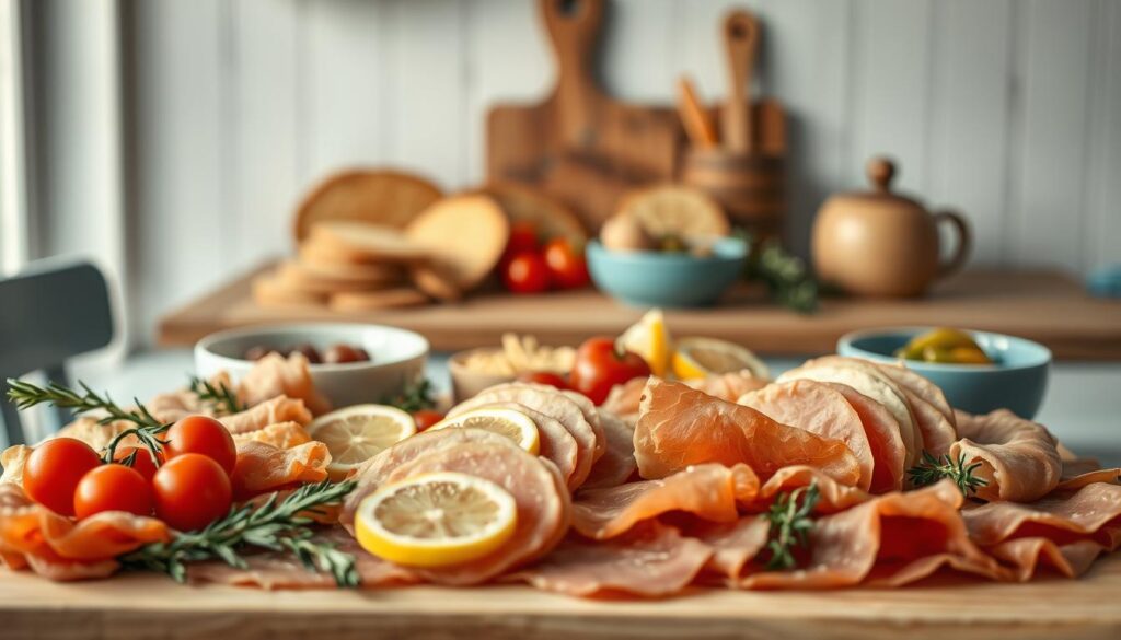 Cozy, minimal kitchen scene with wooden textures, light blue accents, and no hands. In the foreground, an artfully arranged spread of premium deli meats, from thinly sliced prosciutto to smoked turkey, complemented by fresh, colorful garnishes like cherry tomatoes, sprigs of thyme, and paper-thin lemon slices. In the middle ground, a selection of rustic bread, crackers, and perhaps a small bowl of olives or pickled vegetables, inviting the viewer to create their own gourmet deli meat-based creations. The background features a simple, uncluttered wall with a minimal, Nordic-inspired aesthetic, allowing the focus to remain on the delectable deli ingredients.