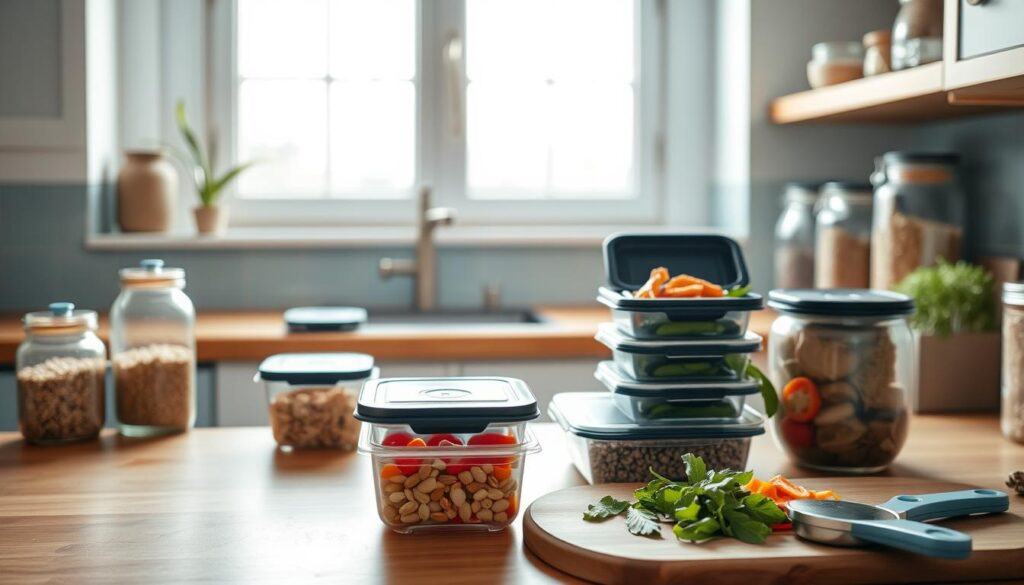 Cozy minimal kitchen setting with warm wooden countertops and light blue accents. An assortment of meal prep containers neatly arranged on the counter, their lids open to reveal healthy, colorful ingredients. Glass jars filled with grains, nuts, and spices line the shelves. A cutting board with freshly chopped vegetables sits nearby, ready for assembly. Bright natural light streams through large windows, casting a soft glow over the organized scene. The atmosphere is calm and inviting, evocative of a purposeful, streamlined approach to meal preparation.