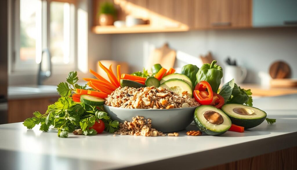 Cozy, minimal kitchen with warm wooden textures and light blue accents. In the center, an array of fresh ingredients for a wholesome grain bowl: hearty quinoa, crisp vegetables like carrots, cucumbers, and bell peppers, creamy avocado slices, a sprinkle of toasted nuts, and a drizzle of flavorful dressing. The ingredients are arranged artfully, casting soft shadows on the smooth countertop. The lighting is natural and diffused, creating a serene, appetizing atmosphere. The camera angle is slightly elevated, providing a clean, unobstructed view of the colorful, nutrient-rich elements.