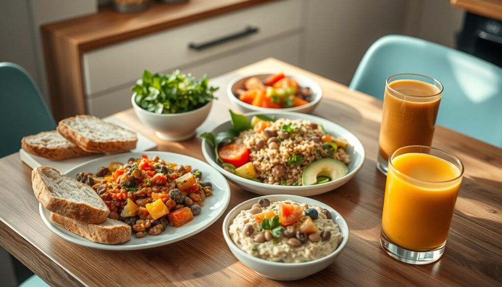 Cozy, minimal kitchen with wooden textures and light blue accents. An assortment of nutrient-dense vegan meals artfully arranged on a wooden table: a hearty lentil and vegetable stew with crusty bread, a colorful quinoa salad with roasted vegetables, a smooth avocado and bean dip with crunchy crudités, and a vibrant fruit smoothie in a glass. Soft, natural lighting casts a warm glow, highlighting the vibrant colors and textures of the plant-based dishes. The scene conveys a sense of nourishment, mindfulness, and a celebration of the bounty of the earth.