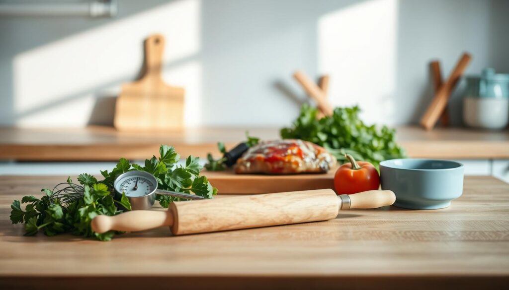 Cozy minimal kitchen with wooden textures and light blue accents. On a clean wooden countertop, an assortment of kitchen tools and ingredients are arranged neatly - a meat thermometer, a rolling pin, a whisk, a bundle of herbs, and a few vegetables. The scene is illuminated by soft, natural lighting, creating a warm and inviting atmosphere. The overall mood is one of thoughtful problem-solving, as the viewer is invited to imagine the process of troubleshooting common sheet pan cooking issues.