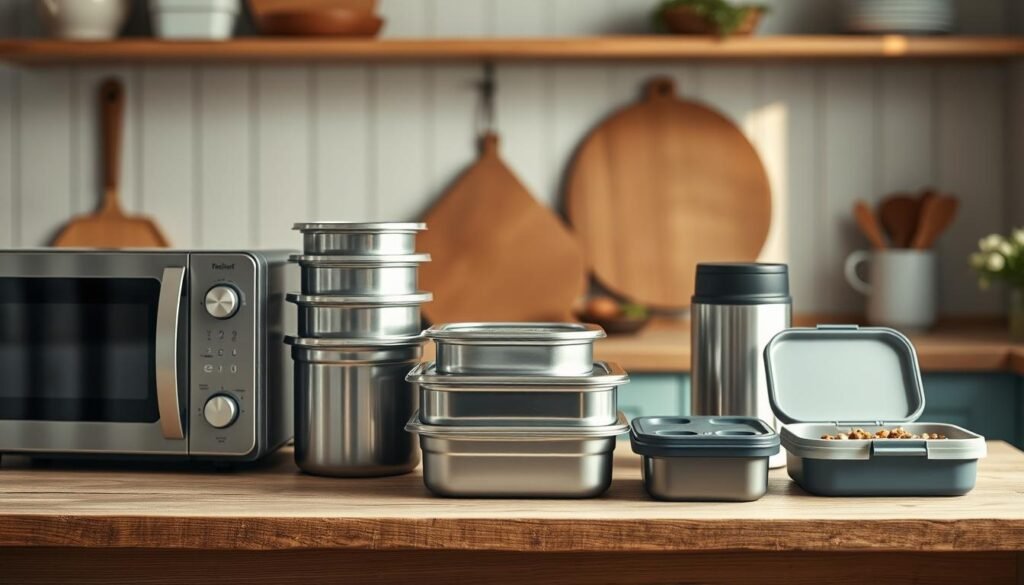 Cozy minimal kitchen with wooden textures and light blue accents. On a rustic wooden table, an assortment of sleek, silver meal prep containers in various sizes stand ready. Alongside them, a set of reheating tools - a compact microwave, a small air fryer, and a modern thermal lunch box. Soft, natural lighting illuminates the scene, creating a warm, inviting atmosphere for preparing and reheating delicious, freshly-made meals.