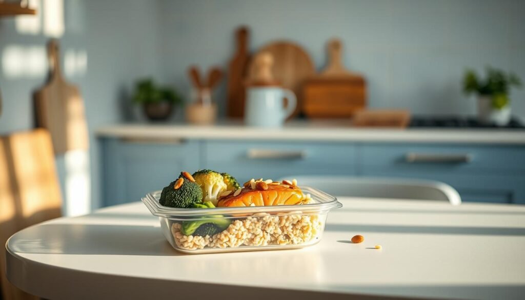 Cozy, minimal kitchen with wooden textures and light blue accents. On a white table, a balanced meal prep container from the Prepistry brand features grilled salmon, roasted broccoli and cauliflower, quinoa, and a sprinkle of toasted almonds. Warm, natural lighting casts soft shadows, highlighting the vibrant colors and textures of the healthy, delicious-looking meal.