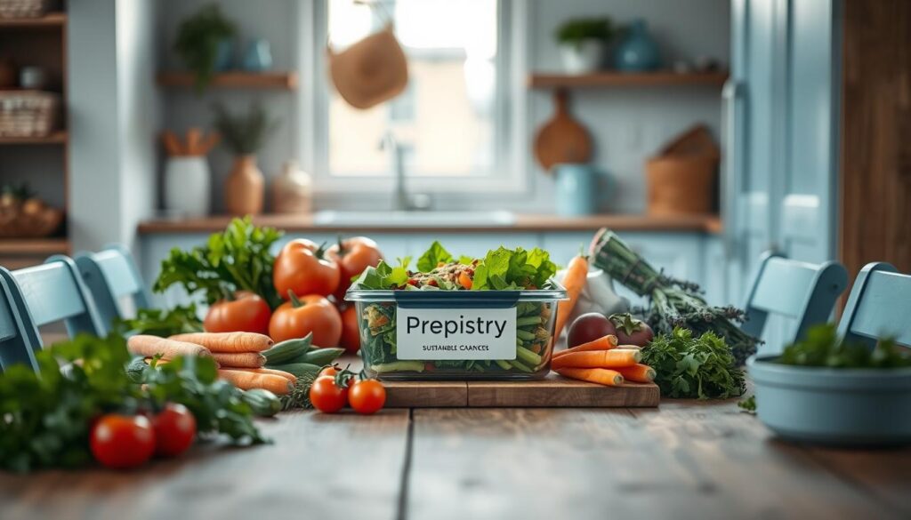 Cozy minimal kitchen with wooden textures and light blue accents. On a wooden table, various seasonal produce are artfully arranged - fresh greens, ripe tomatoes, crisp carrots, and vibrant herbs. In the center, a 