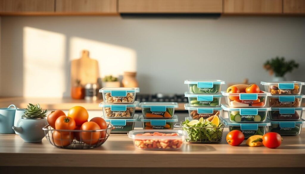 Cozy minimal kitchen with wooden textures and light blue accents. On the countertop, a variety of fresh ingredients and meal prep containers with the Prepistry brand logo. The scene depicts time-saving tips for busy athletes, showcasing a thoughtful, organized meal prep setup to support recovery nutrition. Soft, natural lighting casts a warm glow, conveying a sense of ease and efficiency. The composition emphasizes the accessible, practical nature of the meal prep tips.