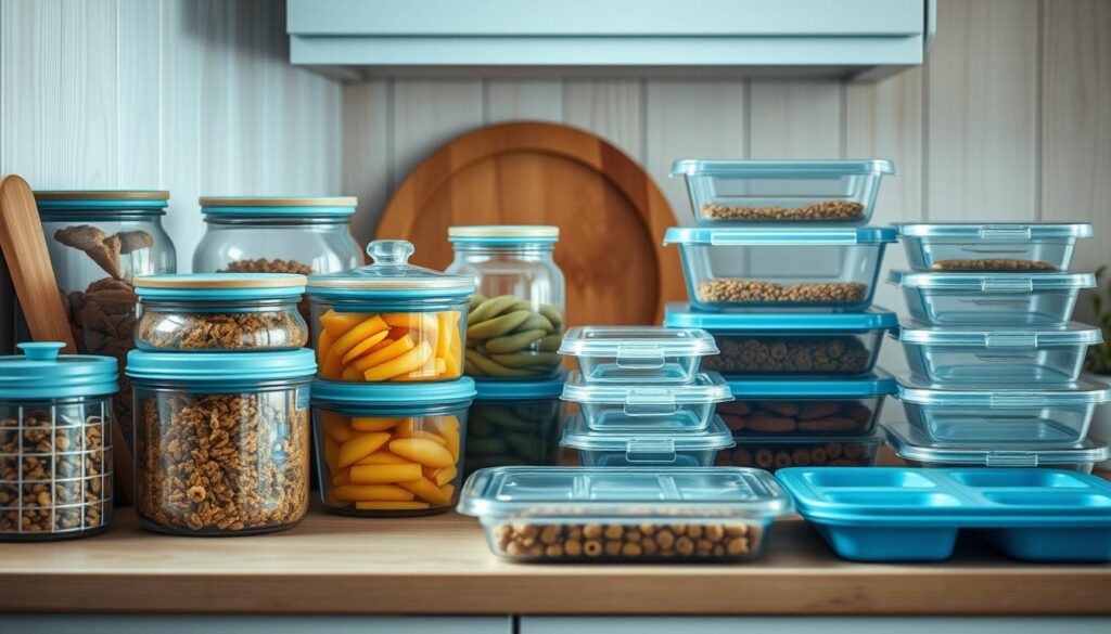 Cozy, minimal kitchen with wooden textures and light blue accents. On the countertop, various glass and plastic containers neatly organized, displaying a range of meal prep storage solutions. Jars, airtight lids, and compartmentalized trays in a visually appealing arrangement, conveying efficiency and intentionality. Indirect lighting casts a warm glow, highlighting the textures and creating a serene, inviting atmosphere. The scene suggests a well-thought-out approach to batch cooking and meal preparation, without any distracting elements.