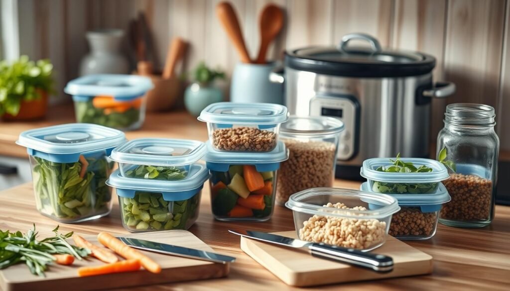 Cozy, minimal kitchen with wooden textures and light blue accents. On the countertop, various meal prep containers in different sizes, some filled with chopped vegetables, others with portioned grains and legumes. A cutting board with half-peeled carrots and a sharp knife nearby. Fresh herbs in a mason jar, and a slow cooker simmering in the background, its aroma permeating the space. The lighting is soft and natural, highlighting the efficiency and organization of the scene. This image conveys practical, time-saving meal prep strategies for the busy office worker transitioning to a vegan diet.