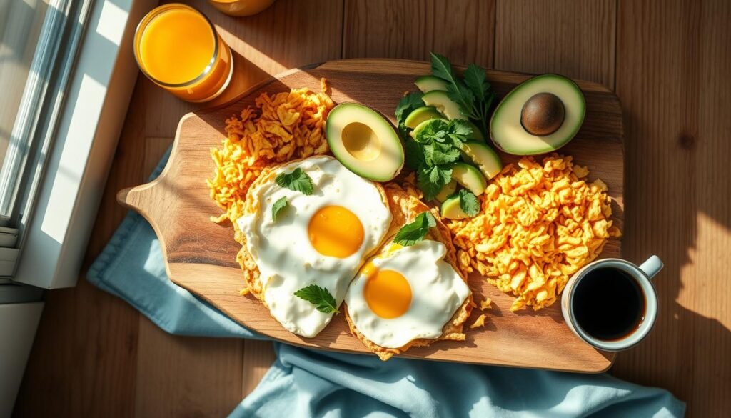 Cozy minimal kitchen with wooden textures and light blue accents. Overhead view of a vibrant avocado oil healthy breakfast spread. Crisp golden hash browns, fluffy scrambled eggs, and sliced avocado arranged artfully on a rustic wooden board. Sunlight filters in through a window, casting a warm, natural glow. Glass of fresh orange juice and a cup of steaming coffee complete the scene. Simple, nourishing ingredients highlighted in an inviting, appetizing manner.