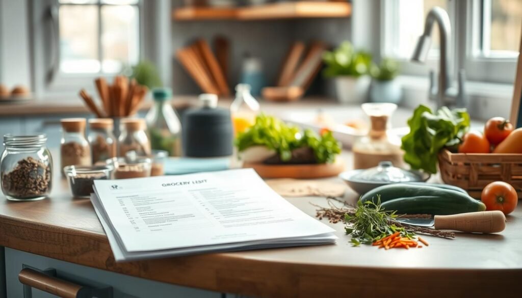 Cozy minimal kitchen, wooden textures and light blue accents. An organized grocery list for meal prep lies on the counter, surrounded by neatly arranged spices, herbs, and fresh produce. Soft, natural lighting filters through the windows, casting a warm glow on the scene. The ingredients are carefully selected, ready to be transformed into flavorful, nourishing dishes. The overall atmosphere is one of mindfulness and efficiency, hinting at the delightful aromas to come.