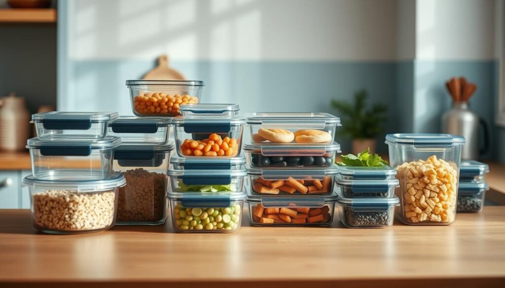 Cozy minimalist kitchen with a warm wooden countertop and light blue accents. Glass and metal food storage containers neatly arranged, showcasing various compartments, lids, and efficient space-saving designs. Soft natural lighting highlights the clean lines and practical organization of the meal prep solutions. The containers' diverse shapes, sizes, and functionalities are displayed in an inviting, clutter-free setting, inspiring efficient office meal prep.