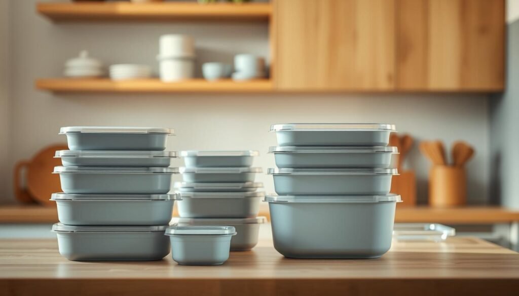 Cozy, minimalist kitchen with warm wooden textures, soft light blue accents, and no hands. On the countertop, a collection of sleek, stackable meal storage containers in various sizes and shapes, their lids sealed tight. The containers are made of durable, high-quality materials, with a matte finish that complements the kitchen's aesthetic. They are neatly arranged, suggesting an organized and efficient meal prep system. The lighting is soft and natural, casting a gentle glow on the containers and creating a soothing, inviting atmosphere. The overall scene conveys a sense of intentionality and thoughtfulness in the storage and preparation of homemade meals.