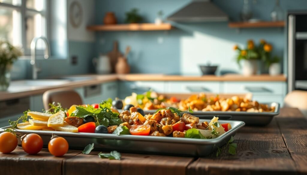 Cozy vegan sheet pan recipes arranged on a rustic wooden table, with vibrant vegetables, hearty plant-based proteins, and fresh herbs. Soft, natural lighting from a window casts a warm glow, highlighting the textures and colors. In the background, a minimalist kitchen with light blue accents creates a calming, inviting atmosphere. The composition is carefully balanced, showcasing the delicious, nutritious meal options for a plant-based lifestyle.