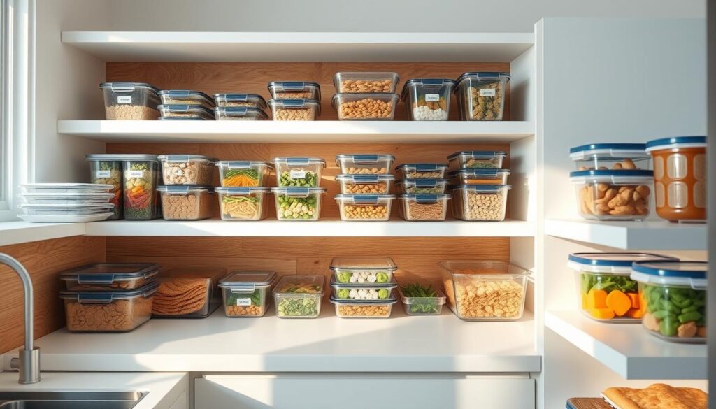 Cozy, well-organized minimal kitchen with wooden textures and light blue accents. Artfully arranged glass and plastic meal prep containers in various shapes and sizes, nestled on sleek white shelves. Soft, directional lighting casts a warm glow, highlighting the efficient, clutter-free storage solutions. Neat rows of freshly prepped keto-friendly meals, ingredients portioned and ready to go. A serene, inspirational scene that conveys the ease and satisfaction of meal prepping for a healthy lifestyle.