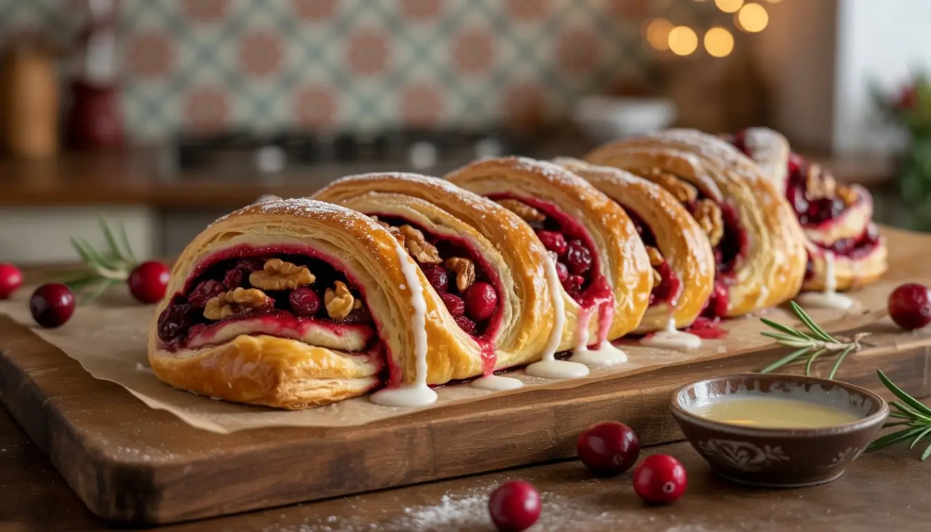 Cranberry Walnut Breakfast Pastry Braid 2 Cranberry walnut breakfast braid with icing drizzle on a wooden board.