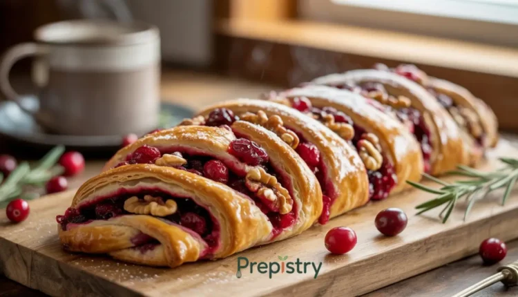 Cranberry walnut pastry braid on a wooden board with a cup of coffee.