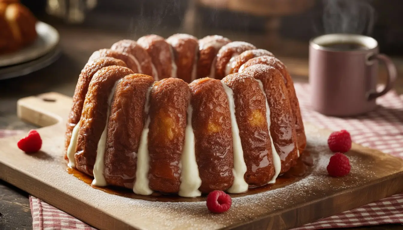Cream Cheese Stuffed Monkey Bread 2 Close-up of glazed monkey bread with cream cheese filling and raspberries.