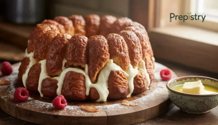 Glazed monkey bread dripping with cream cheese served with raspberries and butter.