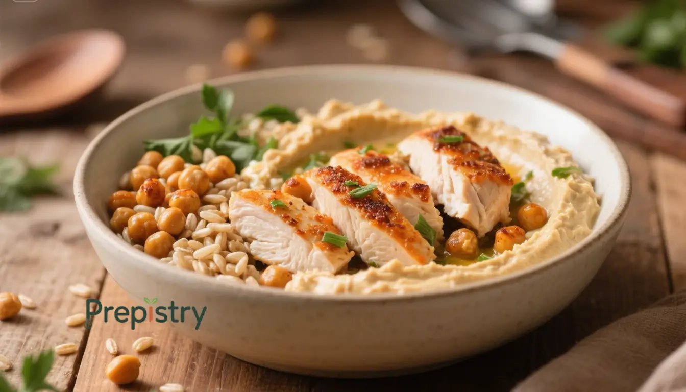 Creamy Hummus Chicken Grain Bowl A bowl of grains layered with hummus, juicy chicken, roasted chickpeas and parsley.