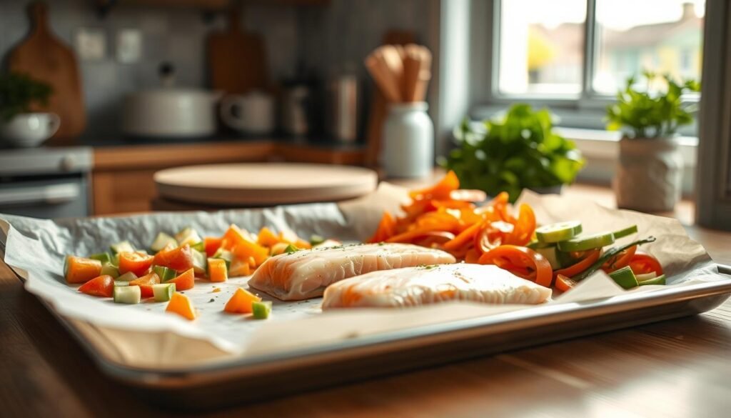 Crisp, freshly chopped vegetables and lean, glistening fish fillets lie neatly arranged on a large, parchment-lined baking sheet. The soft, warm lighting from a nearby window casts a gentle glow, highlighting the vibrant colors and natural textures. In the cozy, minimal kitchen, wooden accents and light blue hues create a soothing, organized atmosphere, perfect for efficient meal prep. The scene conveys a sense of calm, collected focus - a mindful approach to getting a healthy, delicious dinner ready for the busy week ahead.